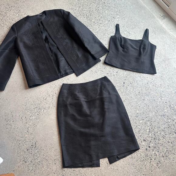 Linda Allard Ellen Tracy Women’s Small 3-Piece Skirt Set Black Linen Weave Silk